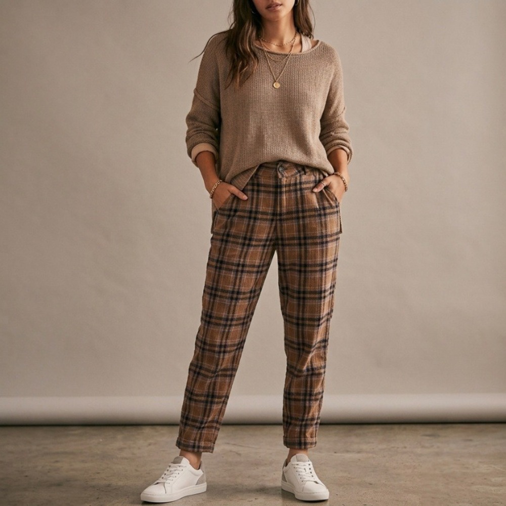 Free People Plaid Pants Brown Blue Tapered Trousers Size 12 Preppy Fall